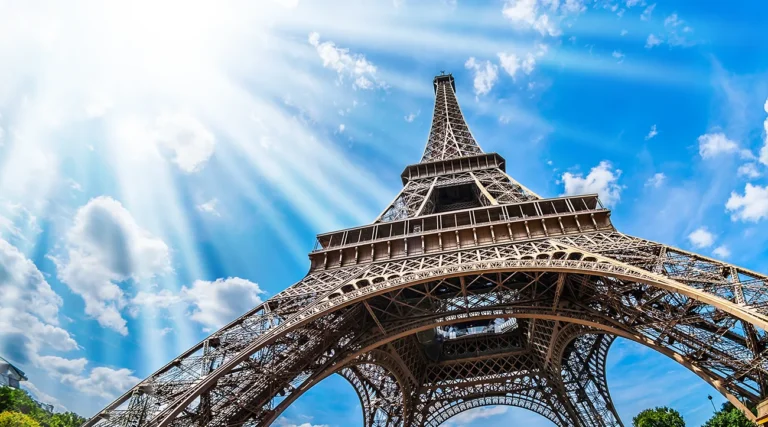 Bottom view of the Eiffel Tower in Paris - wide angle shot