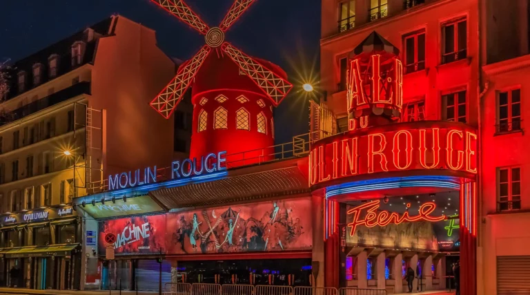 The exterior of the illuminated Moulin Rouge