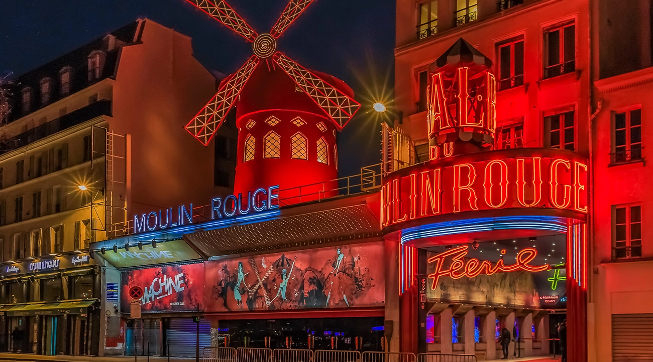 The exterior of the illuminated Moulin Rouge
