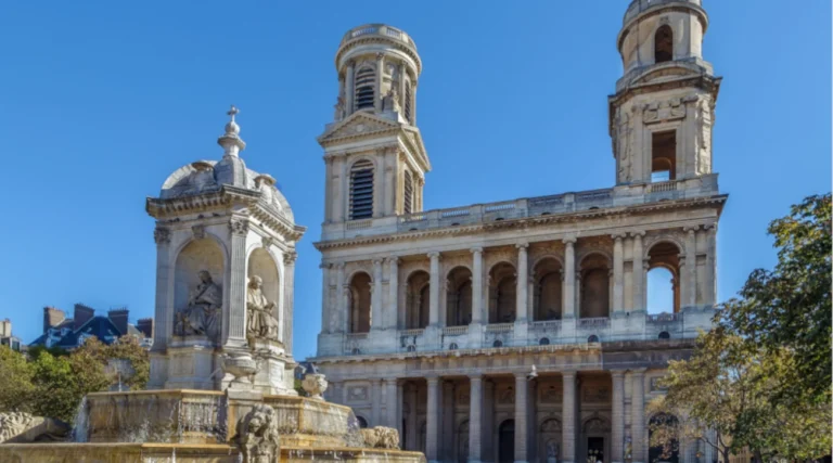 Facade of the Saint-Sulpice church with the fountain