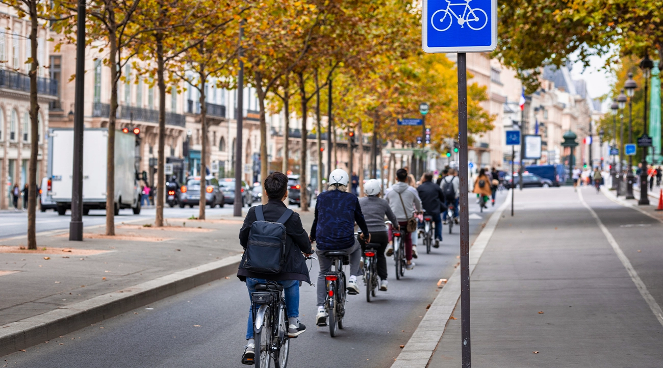 Line of cyclists in Paris
