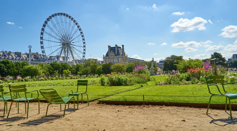 Tuileries Garden panoramic view with the Ferris wheel in the background