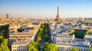 Overview of the rooftops of Paris and the Eiffel Tower