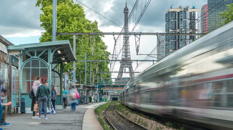 An RER station with the Eiffel Tower in the background