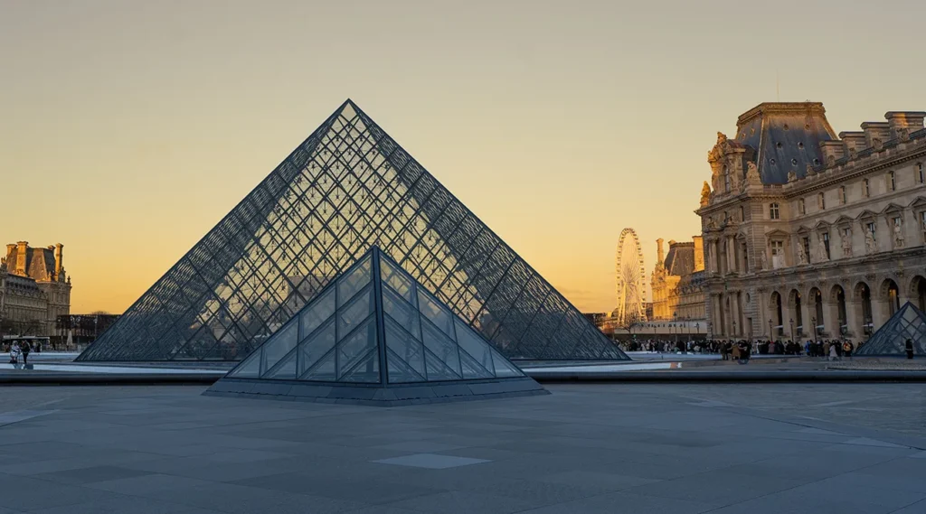Louvre entrance Paris pyramid at sunset