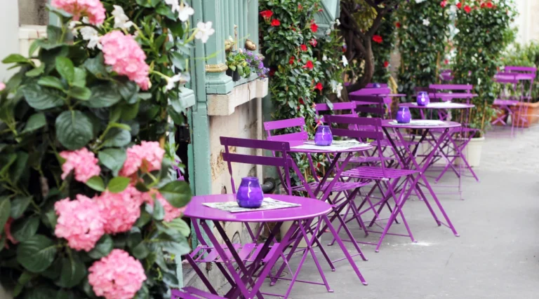 Café in Paris with flowers and fuchsia tables