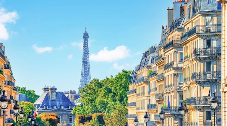 Panorama of Paris with the Eiffel Tower and balconies of hotels and buildings