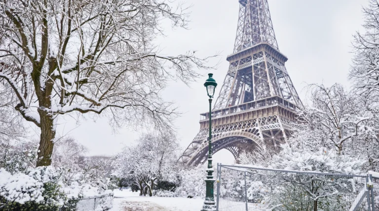Paris and the Eiffel Tower covered in snow