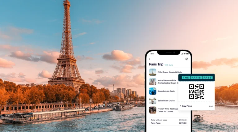 Paris Pass on the screen in front of the Eiffel Tower