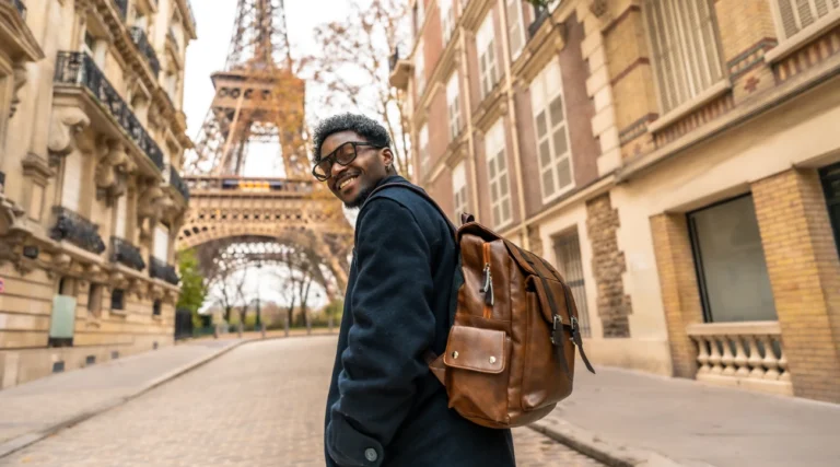 Tourist walking towards the Eiffel Tower